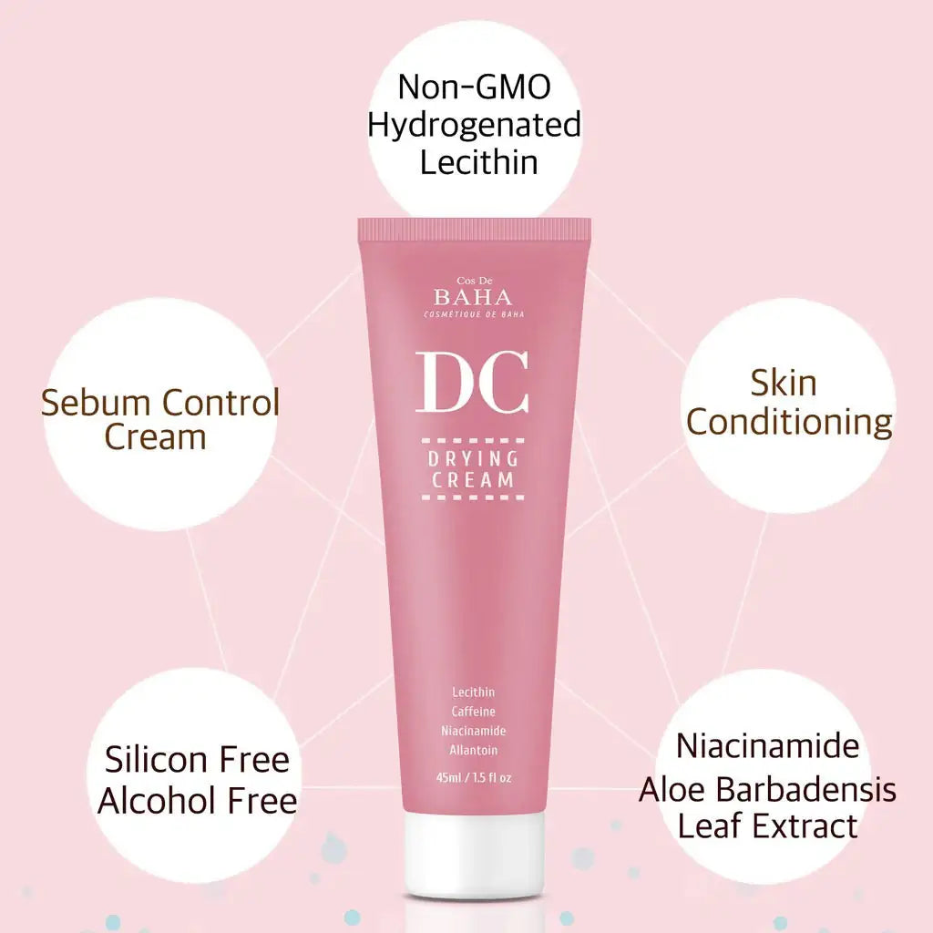 Roze DC-drogende crème tube met witte basis; bevat o.a. niacinamide en aloë