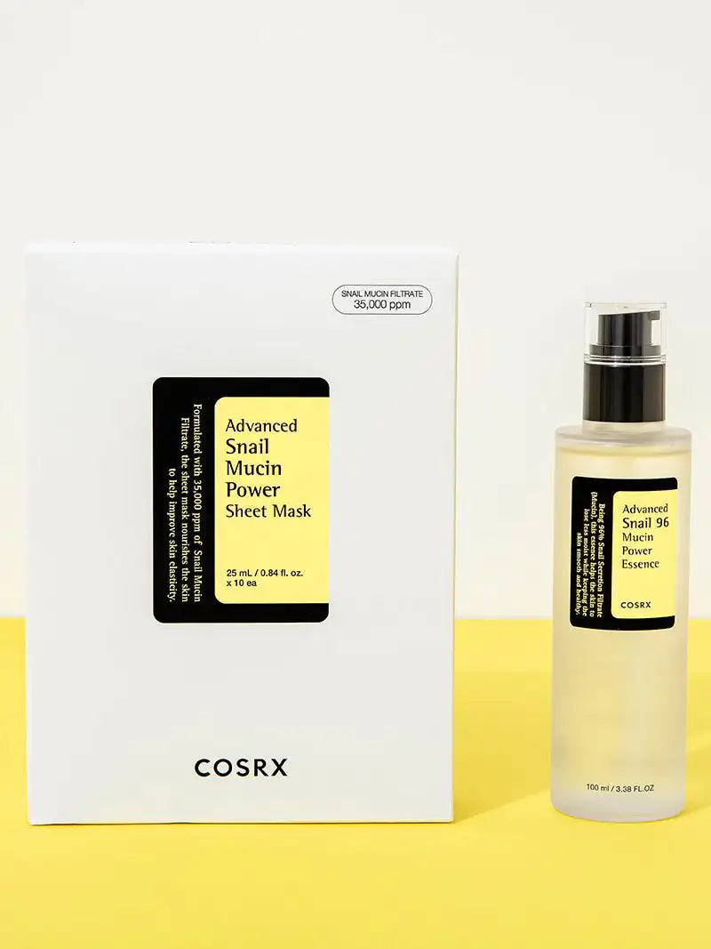 Sheetmaskerdoos en serumfles met slakkenmucine essence, COSRX