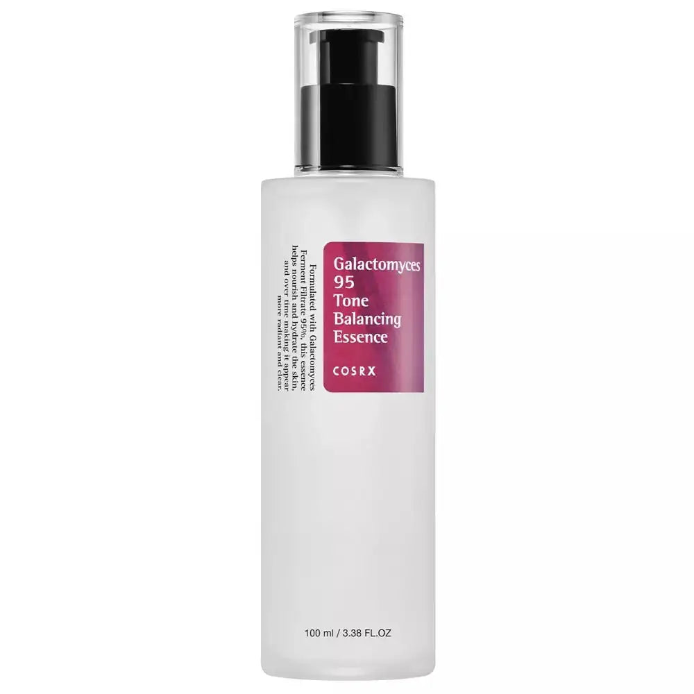 Toonbalancerende essencefles met zwarte pomp en paarse etiket, COSRX