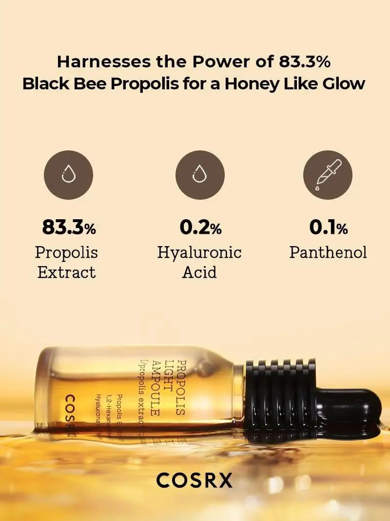 Propolis-lichte ampul met amberkleurige vloeistof en zwarte pipetdop, COSRX