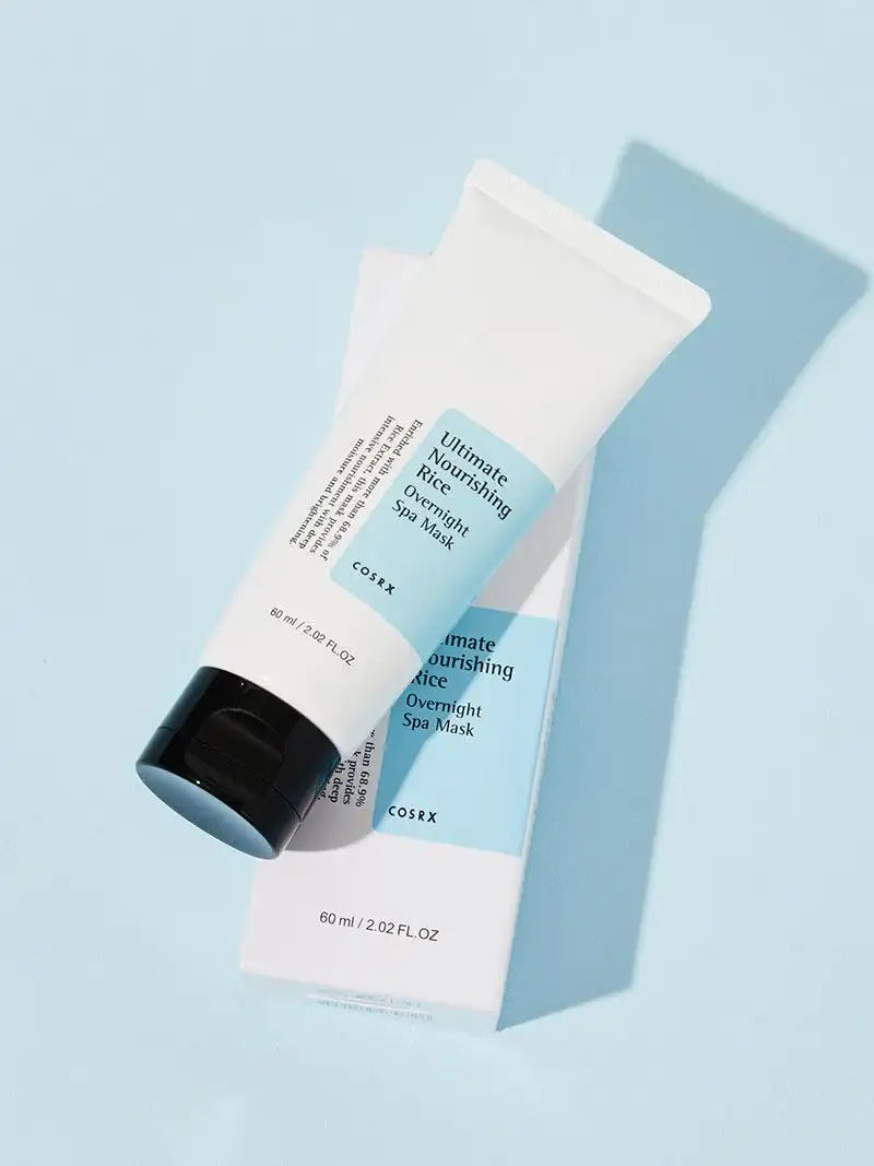 Rijstspa-masker tube, wit met blauwe label en zwarte draaidoos