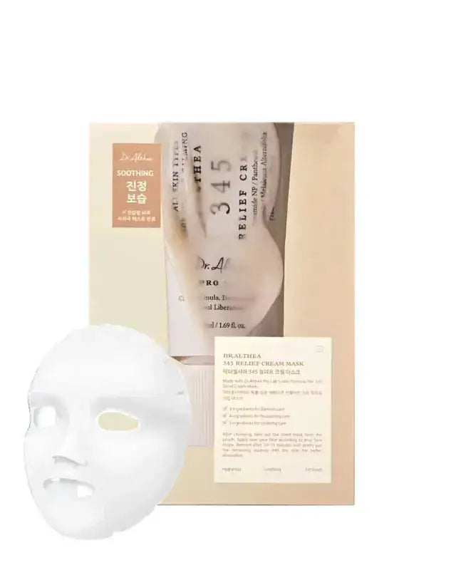 Dr.Althea 345 Relief-crème mask met beige verpakking en witte sheetmask