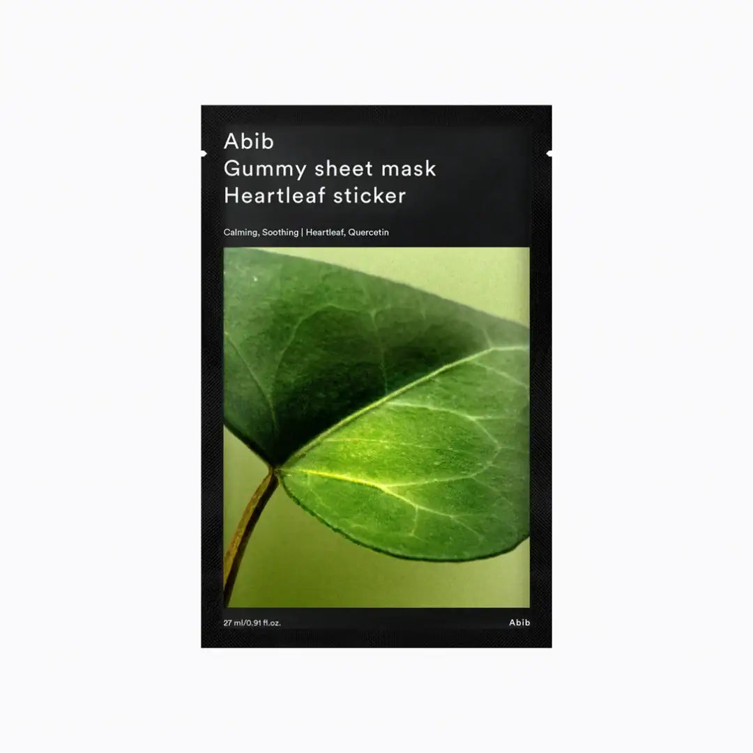 Abib Gummy Sheet Mask Heartleaf Sticker Sheetmasker-verpakking met groene heartleaf-bladeren en Abib-merk