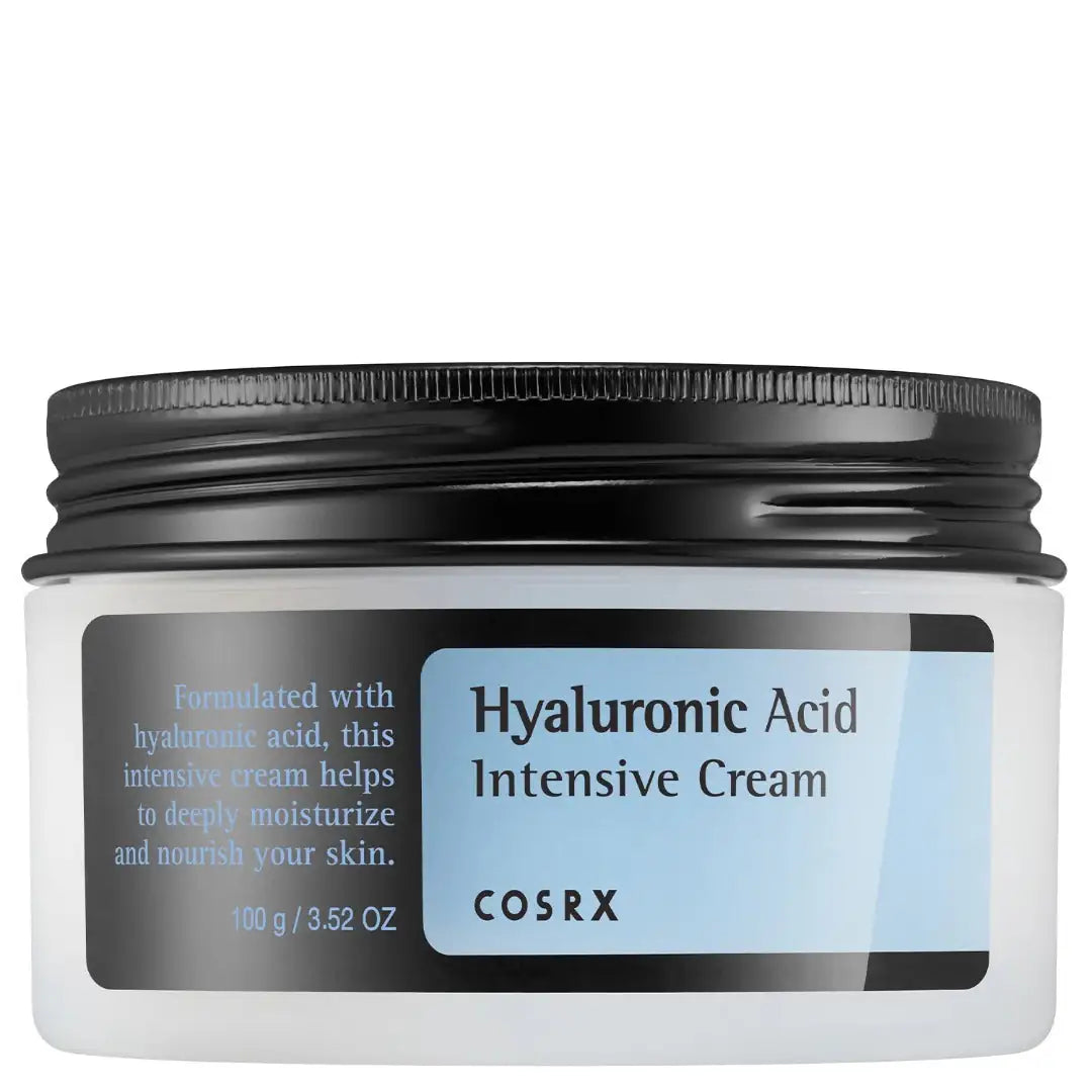 Intensieve hyaluroncrème in zwarte pot met etiket van COSRX