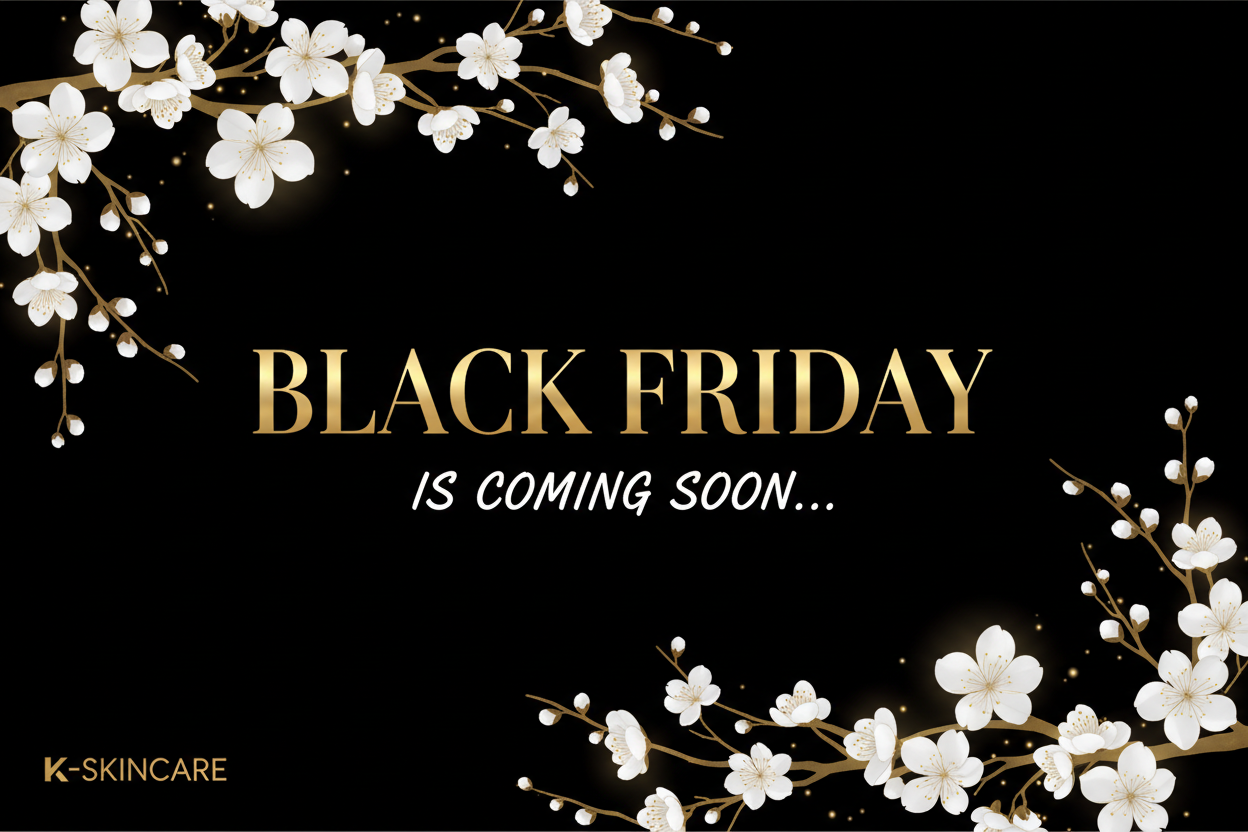 MAAK EEN LUXE SLIDER VOOR DE WEBSHOP K-SKINCARE VOOR BLACK FRIDAY DEALS. SCHRIJF DE TEKST EROP: BLACK FRIDAY IS COMING SOON... GEBRUIK KOREANSE BLOEMENTJES. GEBRUIK ZWARTE, GOUDE EN WITTE KLEUR.