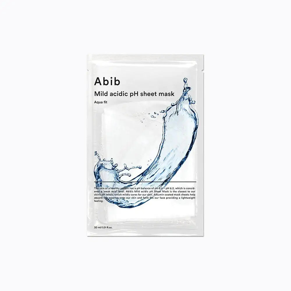 Abib Mild Acidic pH Sheet Mask Aqua Fit Abib sheetmasker Aqua fit verpakking, wit met blauw watergolf-illustratie