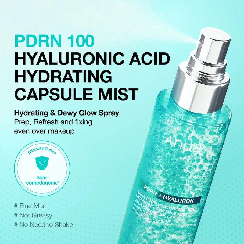 Anua PDRN Hyaluronic Acid Hydrating Capsule Mist fles met smaragdgroene PDRN oil capsules voor diepe hydratatie en stralende glow