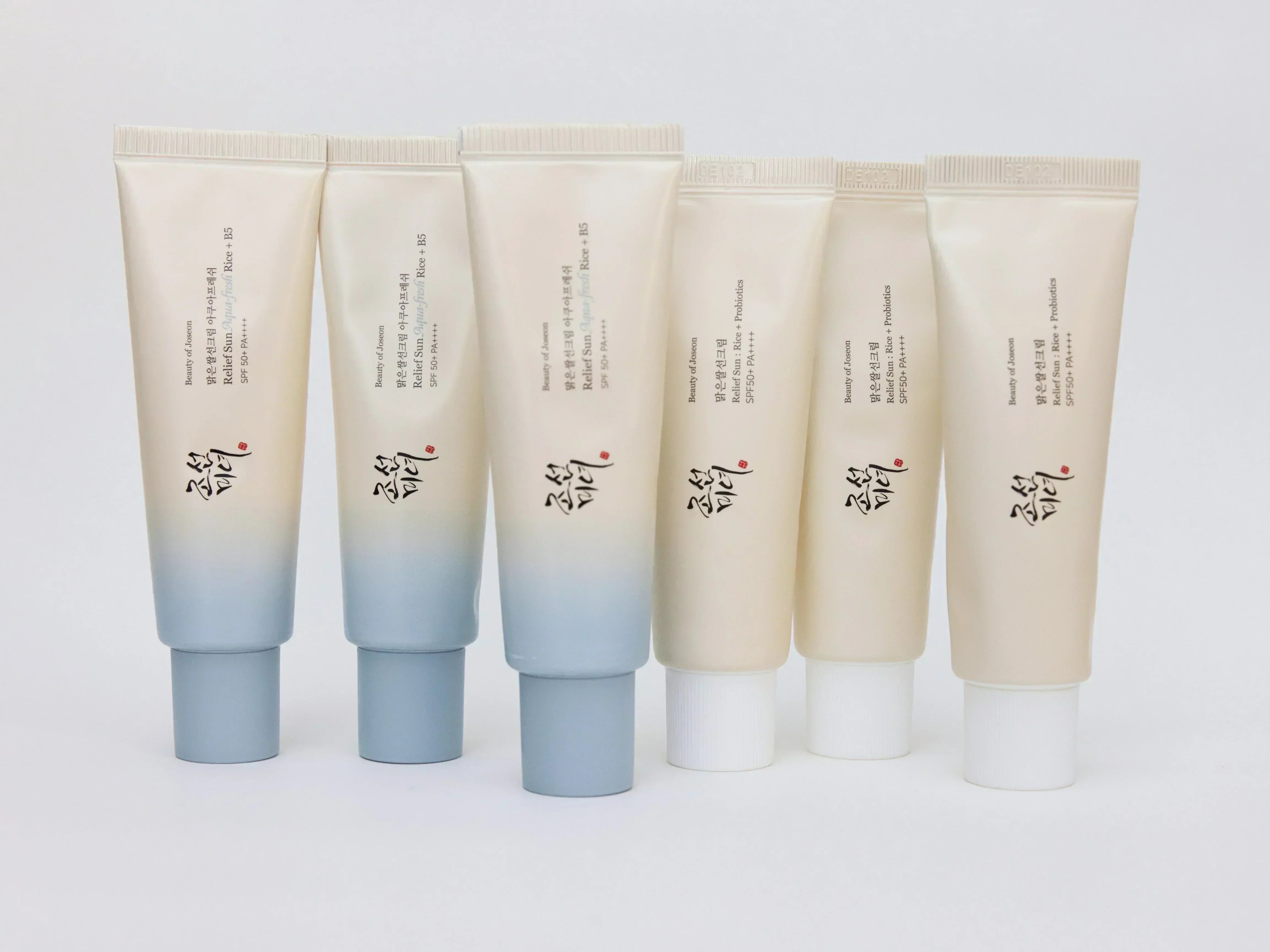 Beauty of Joseon Relief Sun en Aqua-Fresh Sunscreen naast elkaar – vergelijking Koreaanse zonnebrand voor gezicht