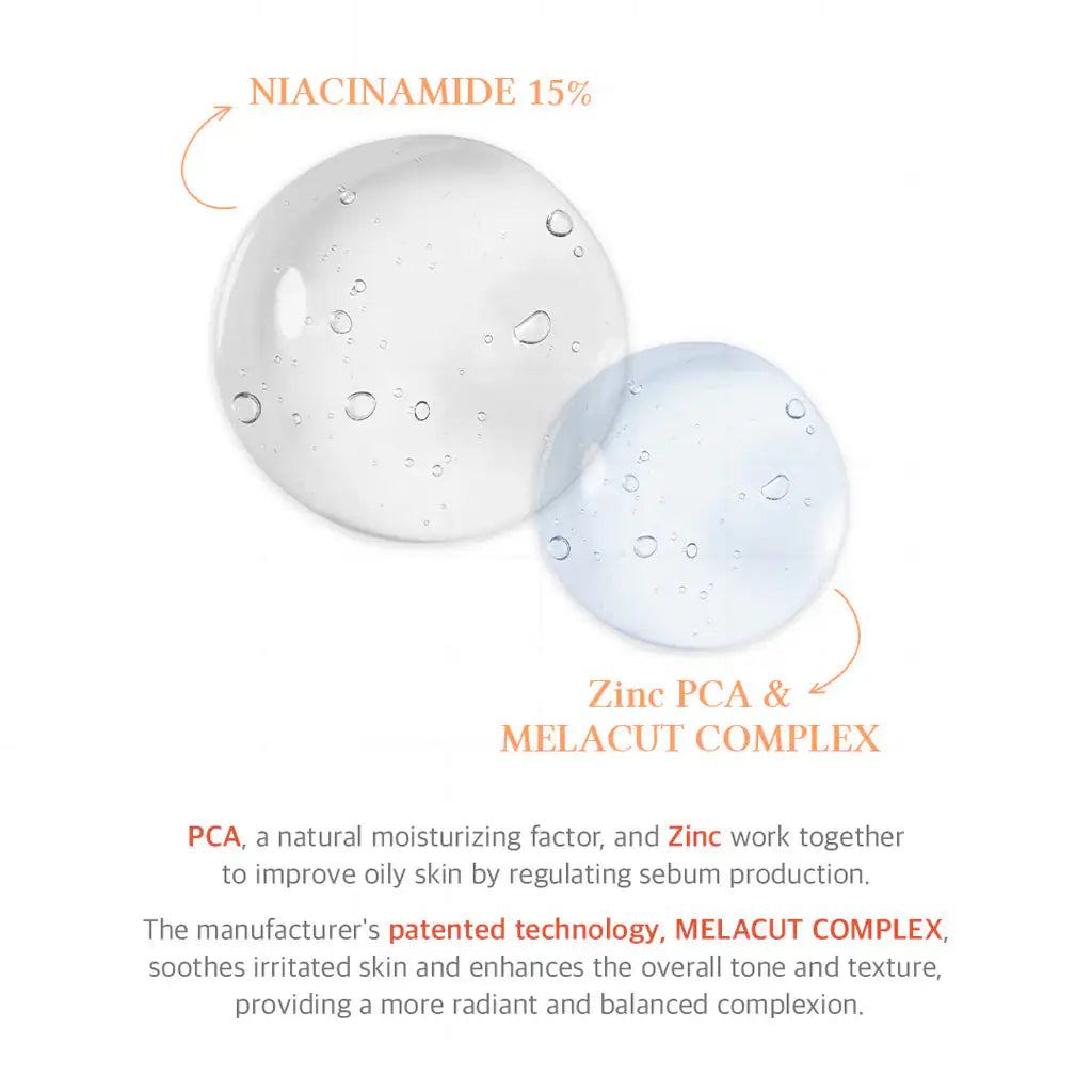 Niacinamide-serum infographic met waterdruppels op ronde glazen schijven en een blauwe bol.