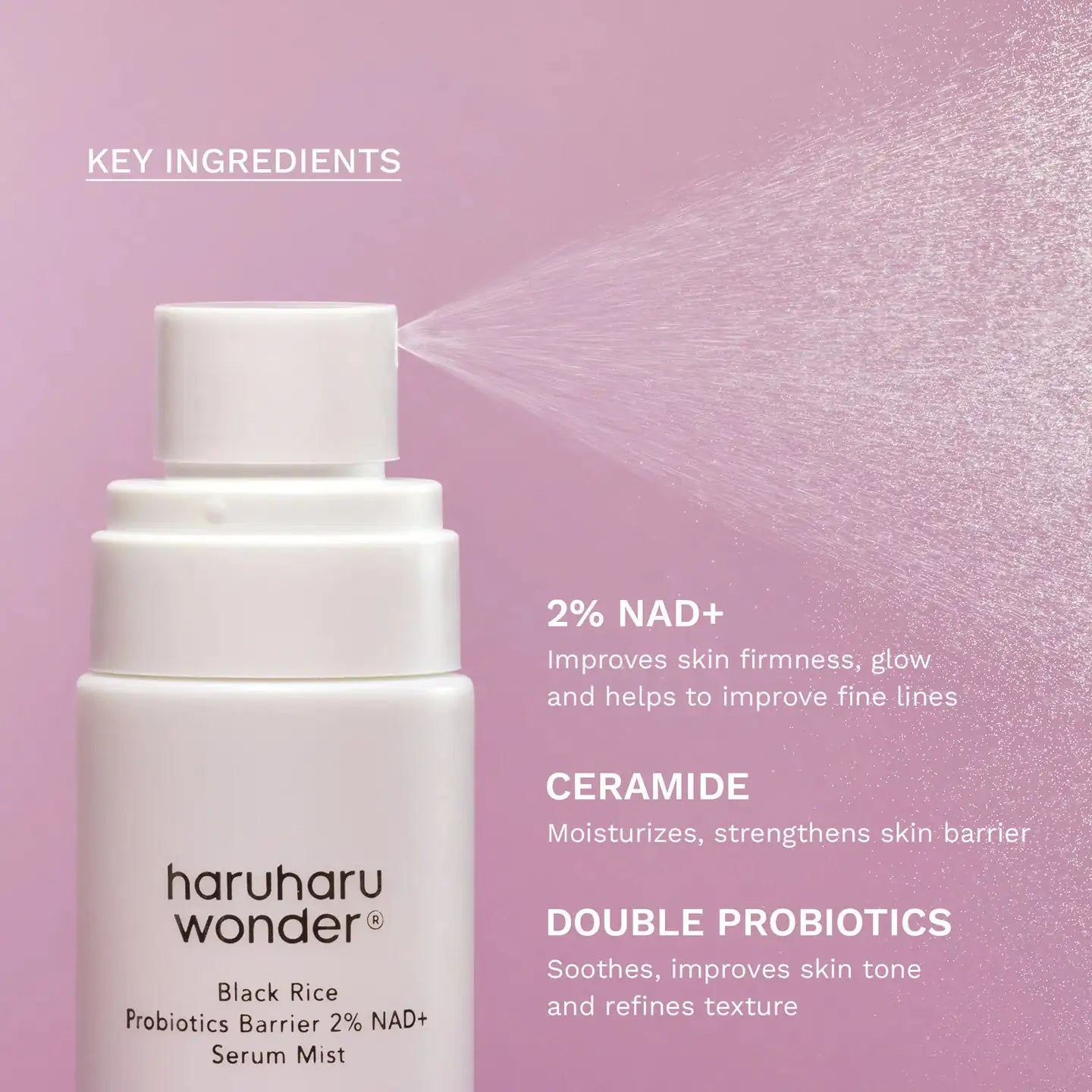 Haruharu WONDER Black Rice Probiotics Barrier NAD+ Serum Mist Serummistfles met label: 2% NAD+, ceramide en dubbele probiotica