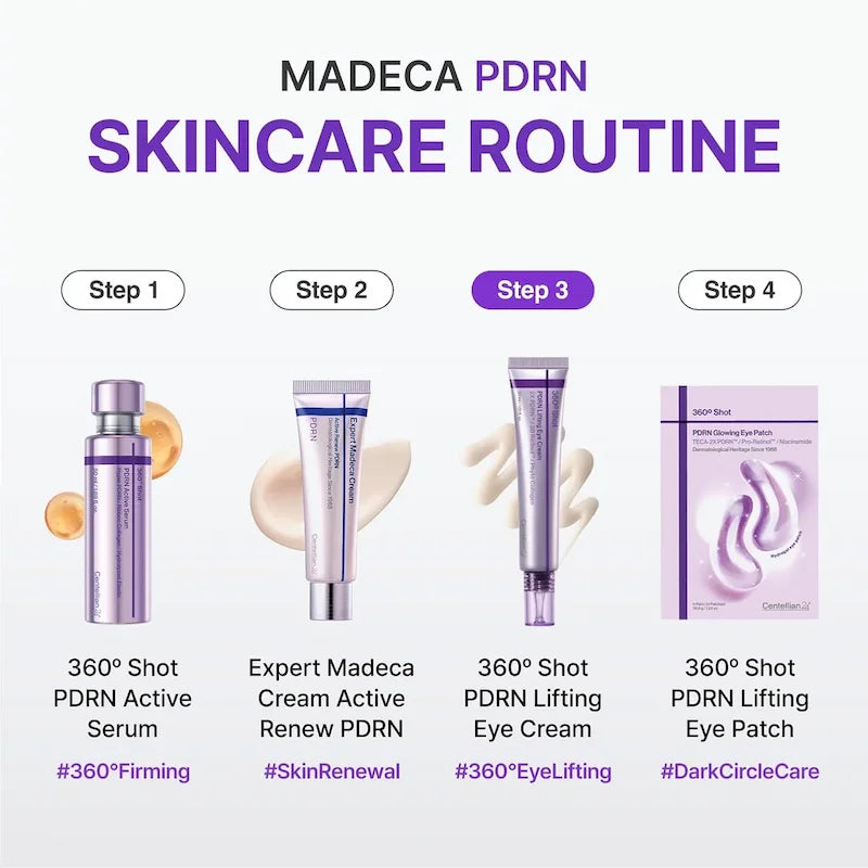 Skincare-routine waarin de 360º Shot PDRN Lifting Eye Cream als derde stap wordt gebruikt.