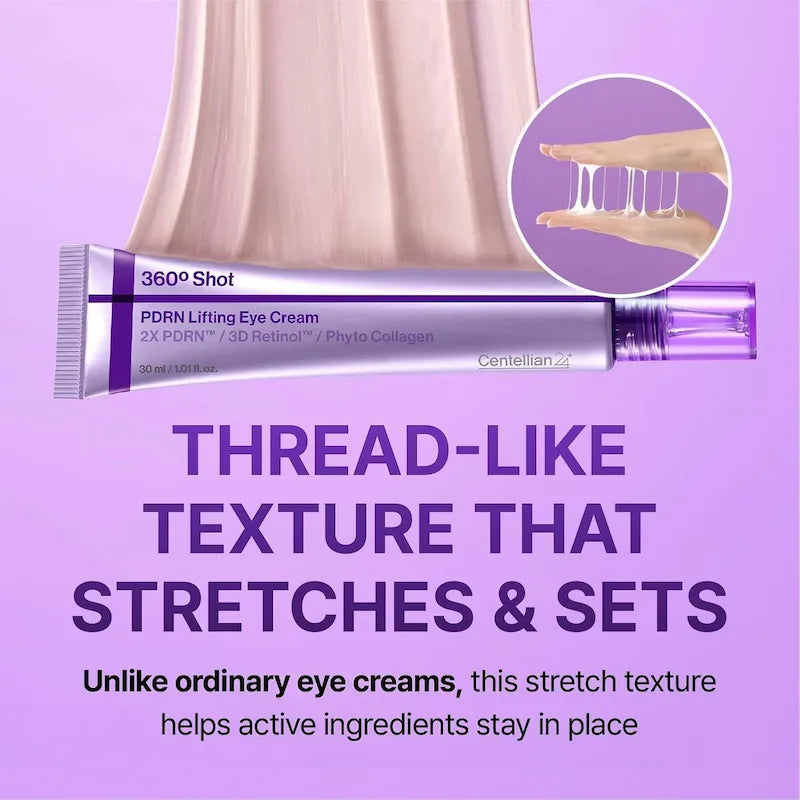 Close-up van de rekbare, draadachtige textuur van de 360º Shot PDRN Lifting Eye Cream.