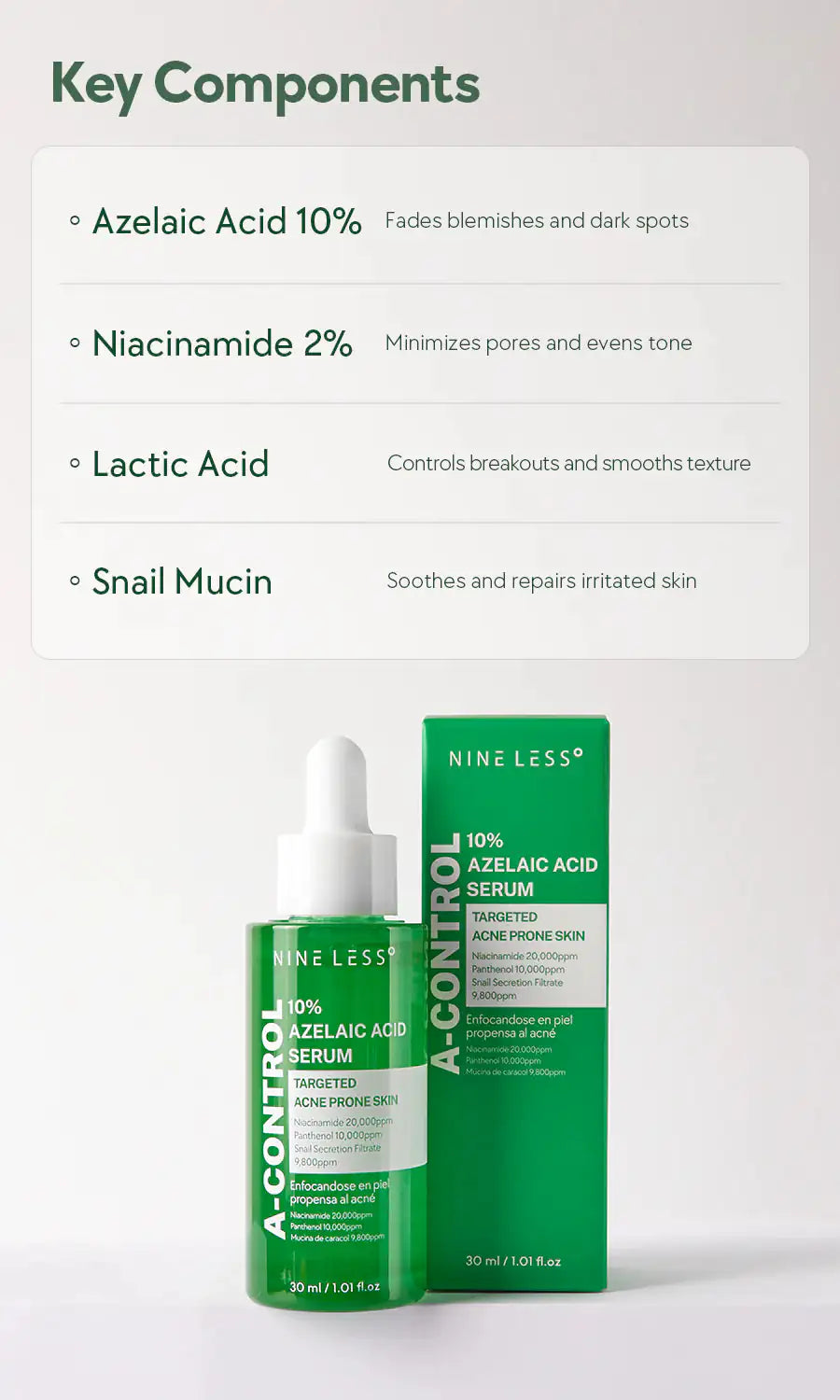 Azelaïnezuurserum met druppelaar, groene fles en mini flacon, Nine Less