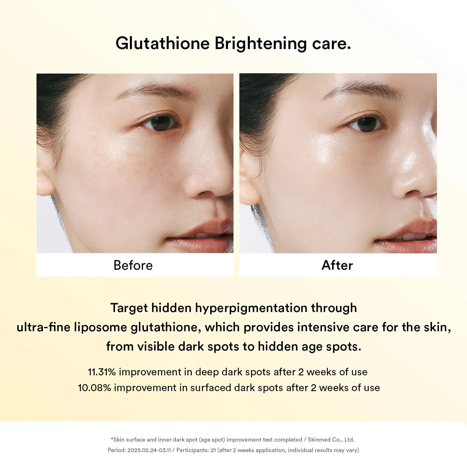 Abib Glow collagen mask Glutathione film Gedeelde close-up van vrouwengezicht voor en na huidverzorging