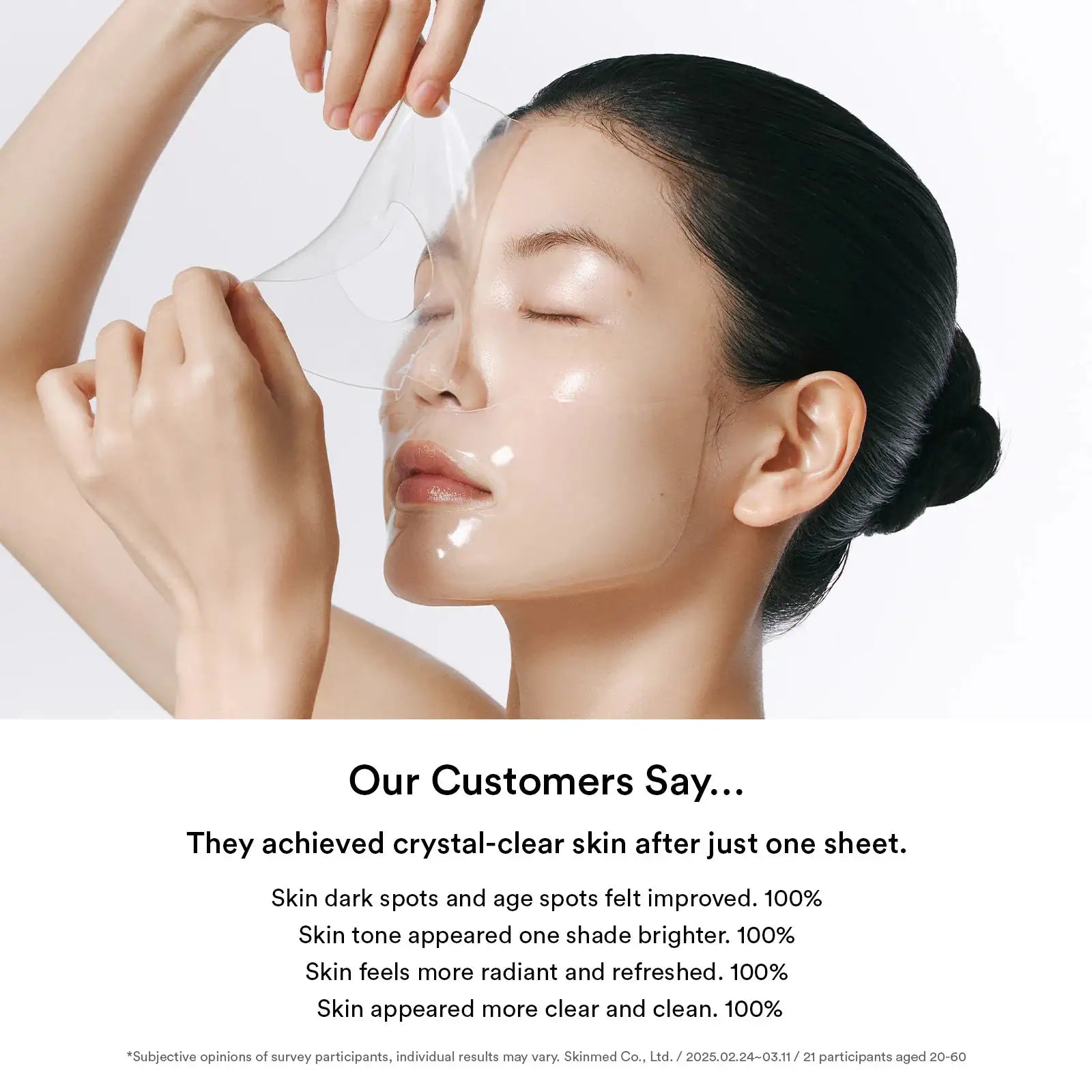Abib Glow collagen mask Glutathione film Hydrogel gezichtsmasker op vrouwengezicht, transparante film wordt aangebracht