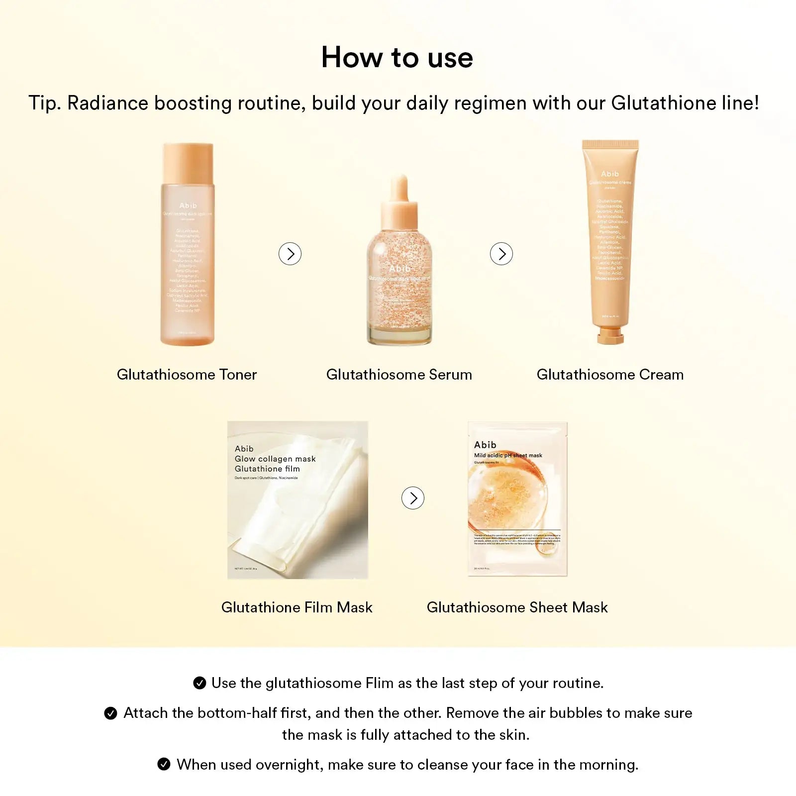 Abib Glow collagen mask Glutathione film Routine-opstelling met verzorgingsflessen en Abib collageenfilmasker