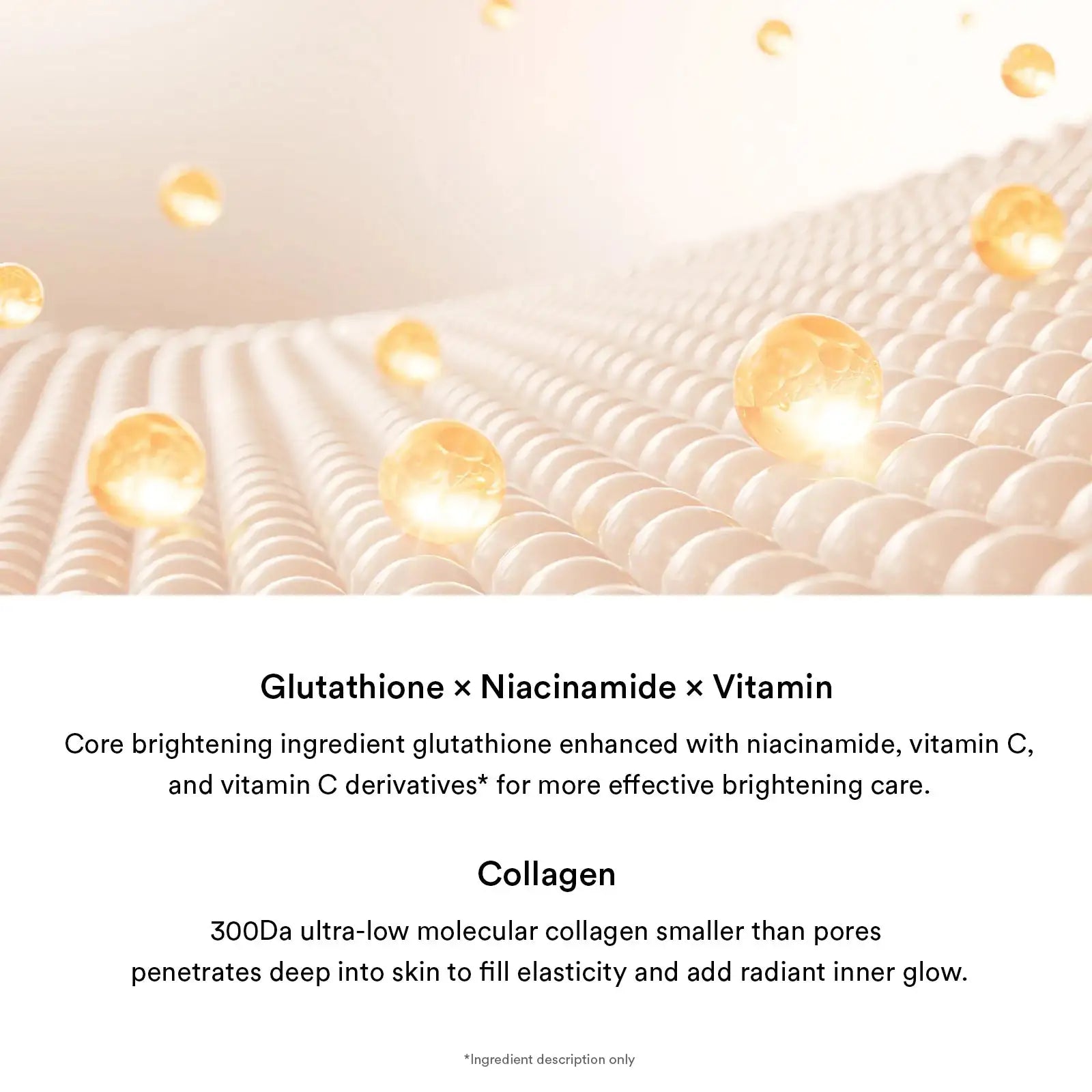 Abib Glow collagen mask Glutathione film Gouden gelparels op huidtextuur, zachte hydraterende maskerbeleving