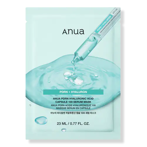 Anua PDRN Hyaluronic Acid Capsule 100 Serum Mask Anua hyaluronzuur serum-masker verpakking met blauwe vloeistofillusie en tube.