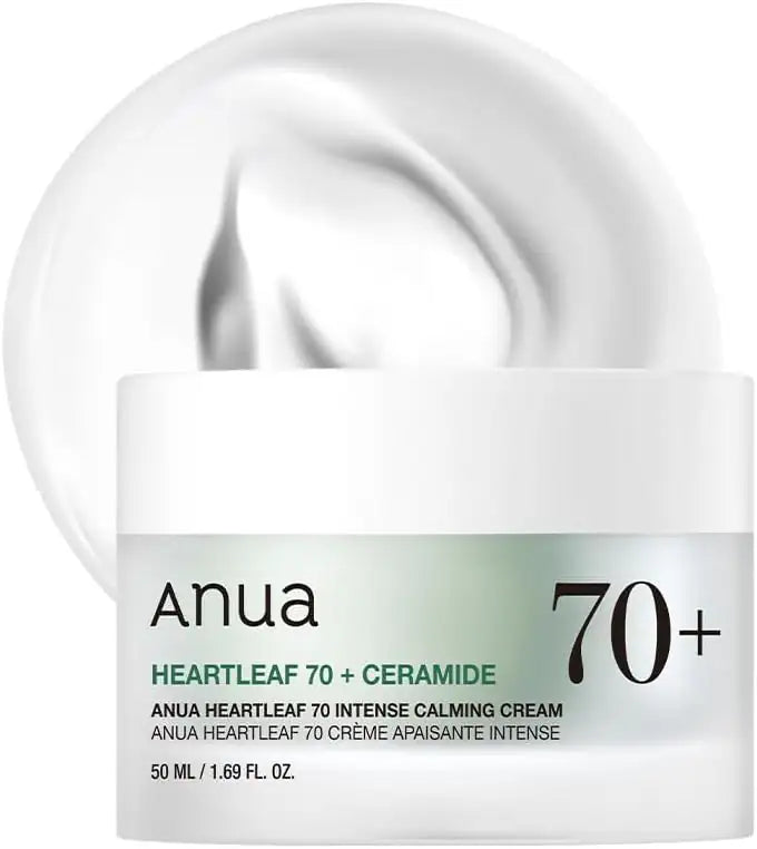 Anua Heartleaf 70% Intense Calming Cream Anua Heartleaf 70+ kalmerende crème in witte pot met 70+ en groene details.