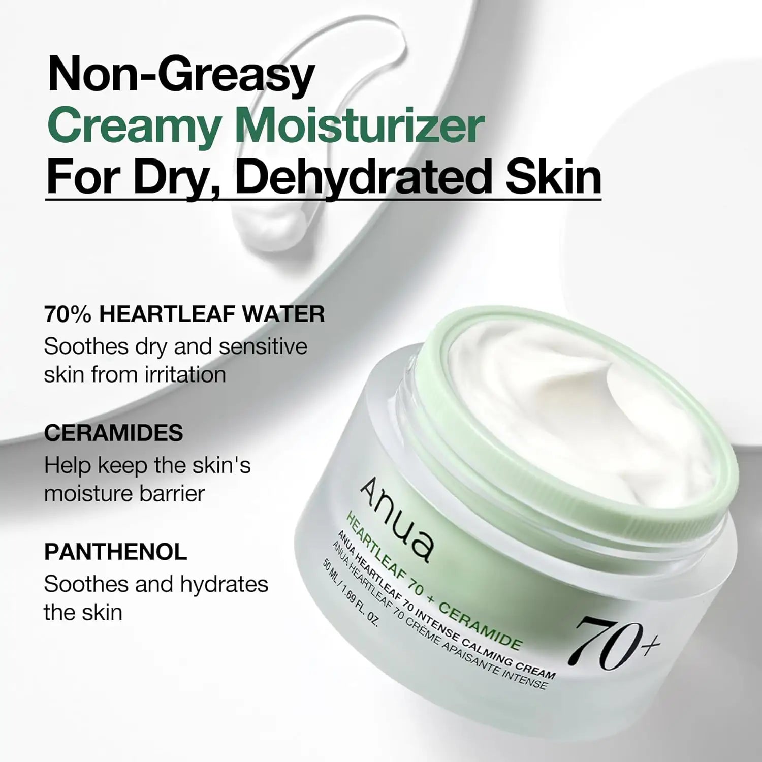 Anua Heartleaf 70% Intense Calming Cream Anua Heartleaf 70+ crème in pot met open deksel en romige crème, groene rand.
