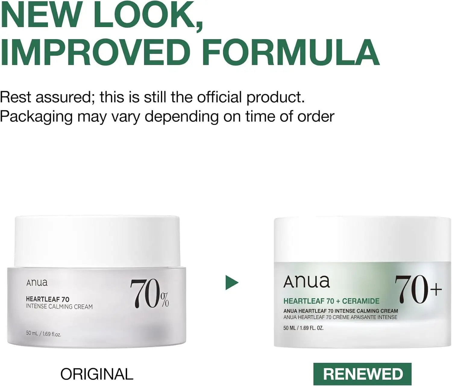 Anua Heartleaf 70% Intense Calming Cream Twee Anua Heartleaf 70+ crème potten: Original en Renewed, wit met 70+.