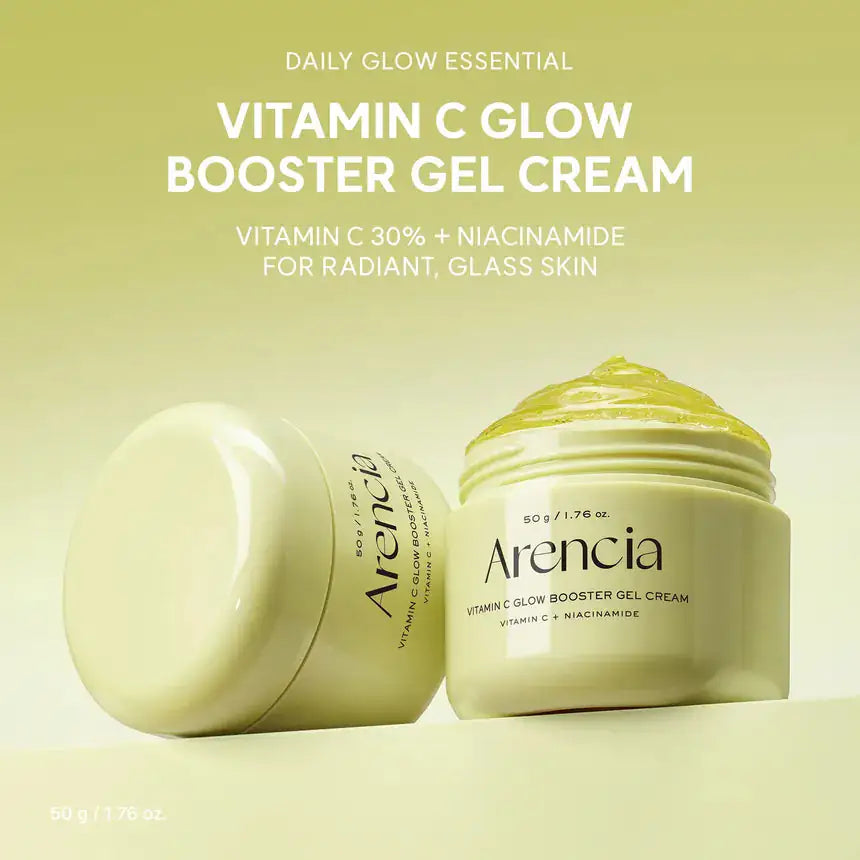 ARENCIA Vitamin C Glow Booster Gel Cream Arencia vitamine C glow booster gelcrème potje en deksel met lichtgele crème