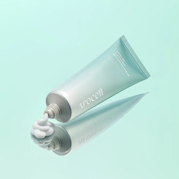 Arocell Hyal B5 Soothing Wrapping Mask tube liggend met uitgeknepen textuur op mintgroene achtergrond