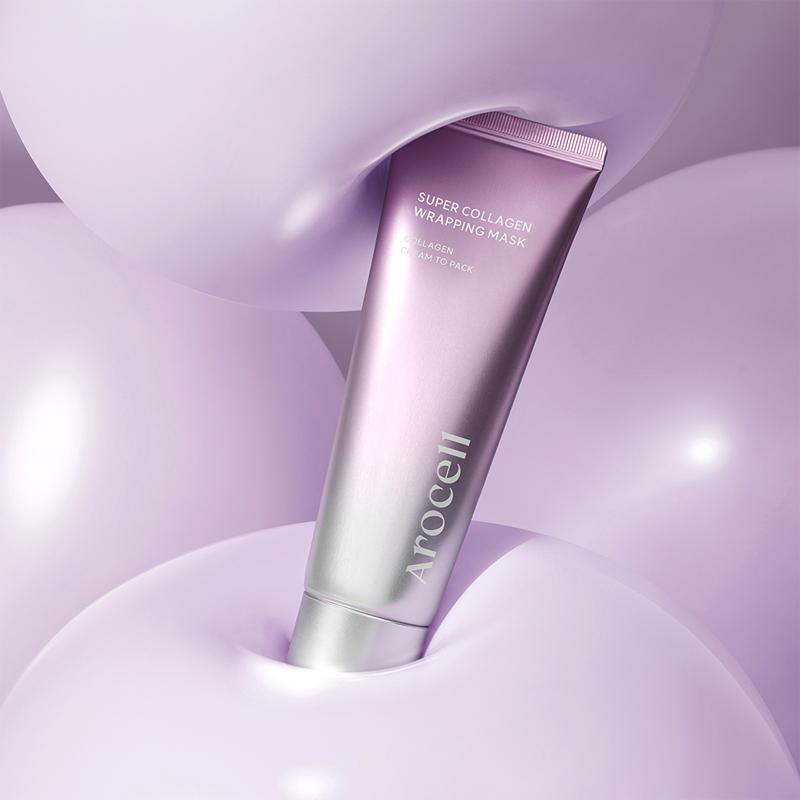 Arocell Super Collageen Wrapping Masker tube tussen lila ballonnen
