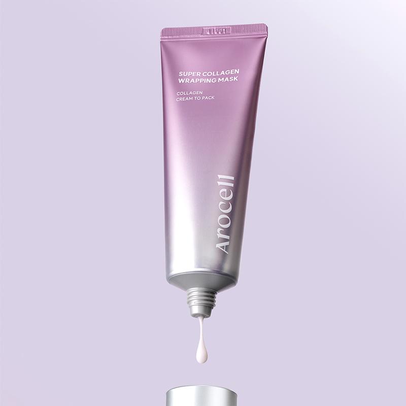 Arocell Super Collageen Wrapping Masker tube met druppelende textuur op lila achtergrond