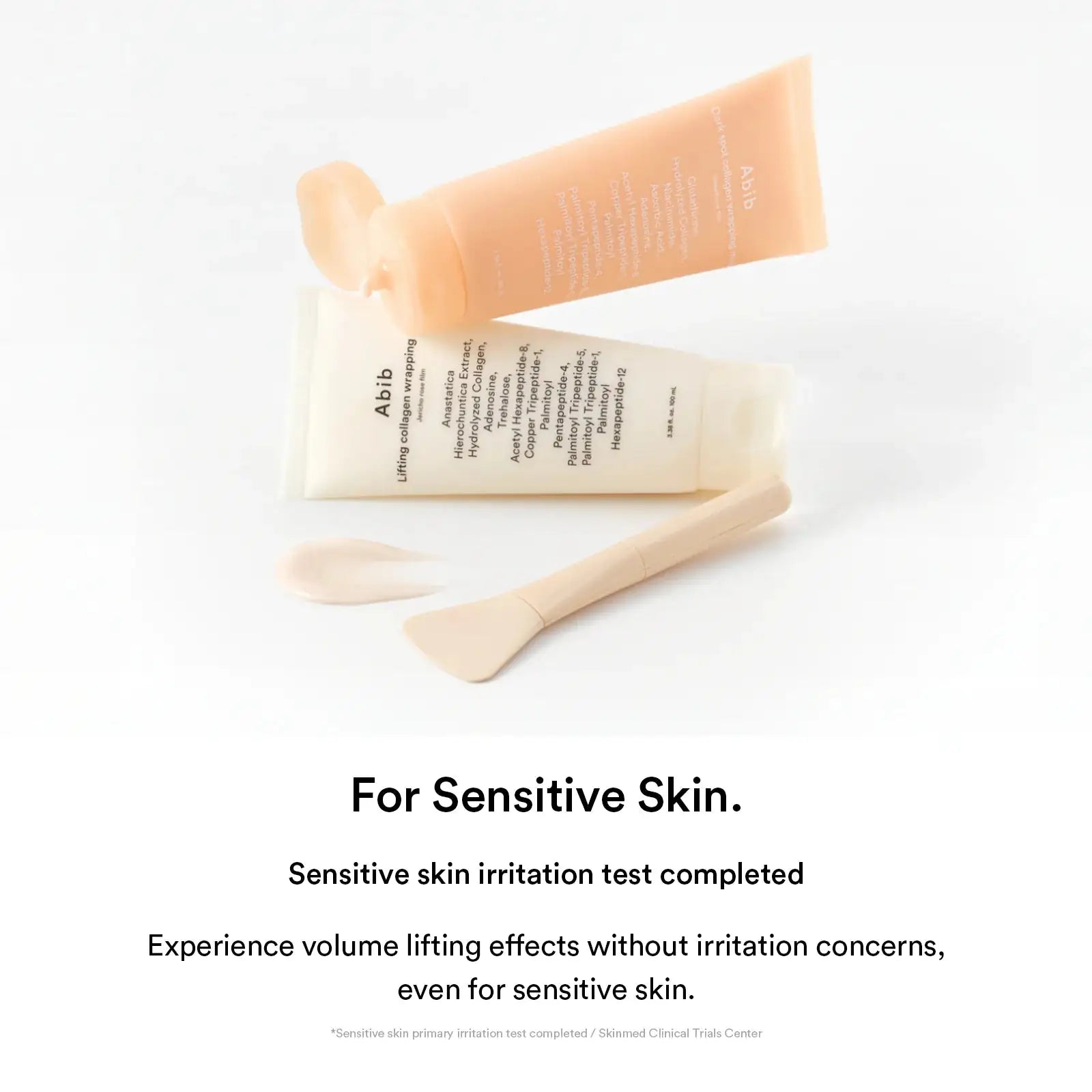 Abib Dark spot collagen wrapping mask Glutathione film Abib wrapping mask set: twee lichtbeige tubes en applicator-schepje.
