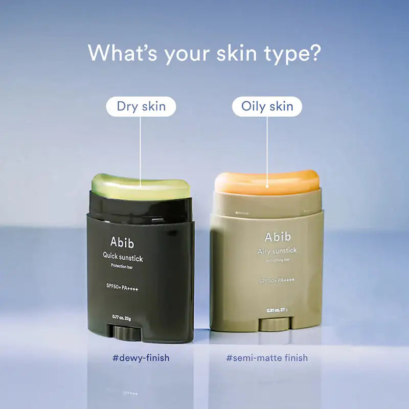 Abib Airy Sunstick Smoothing Bar Twee varianten zonbeschermingssticks: donkere en olijfgroene verpakking met deksel