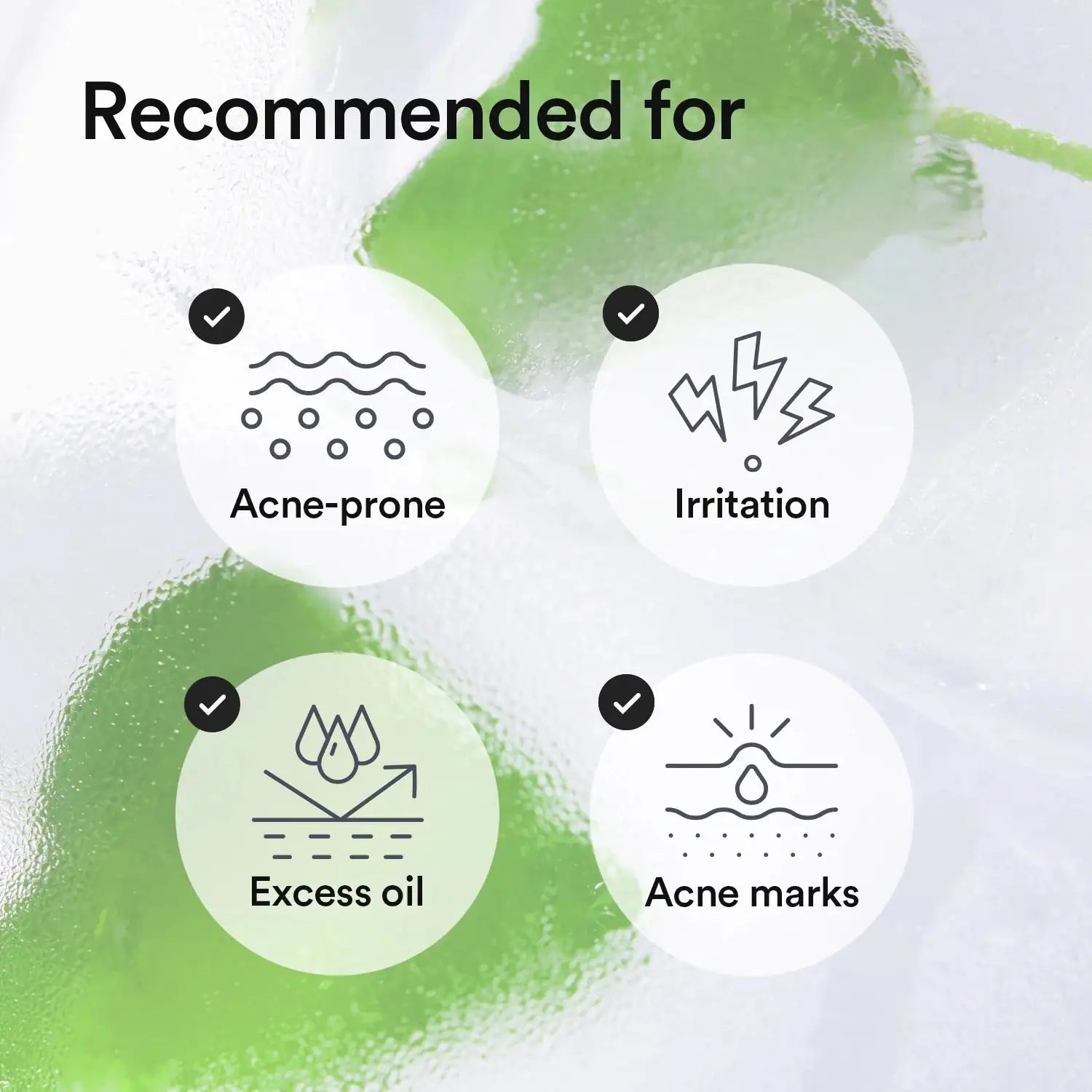 Abib Heartleaf Teca Capsule Serum Calming Drop Infografiek met 4 doelen: acne-gevoelig, irritatie, overtollig talg en acne-marks