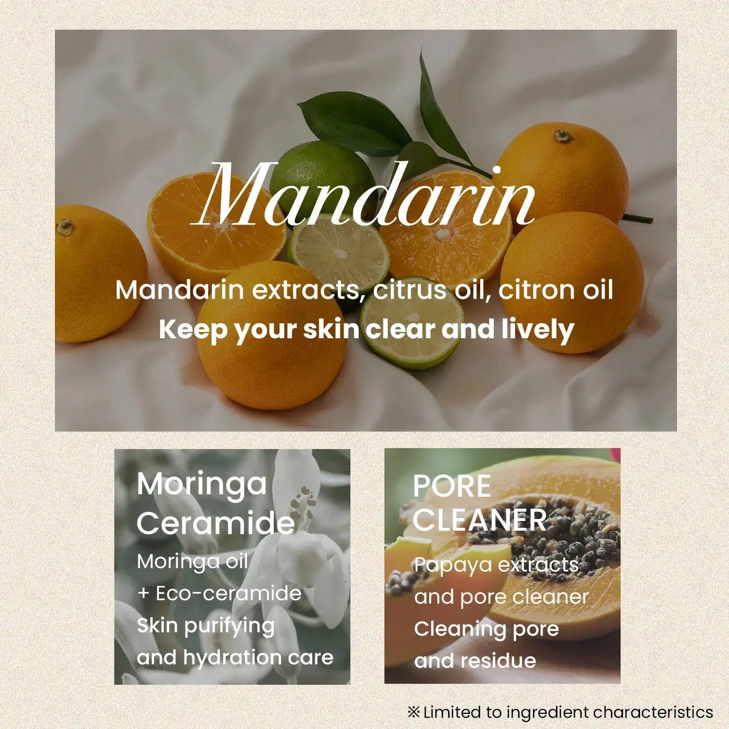 Mandarin reinigingsbalsem banner met citrusvruchten en een kleine potafbeelding