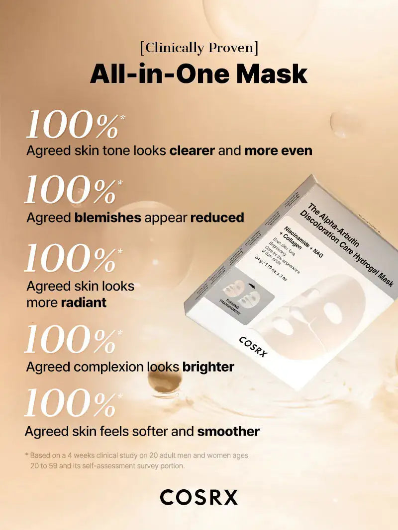 COSRX all-in-one hydrogelmasker in verpakking, maskerkaart met schuine hoek