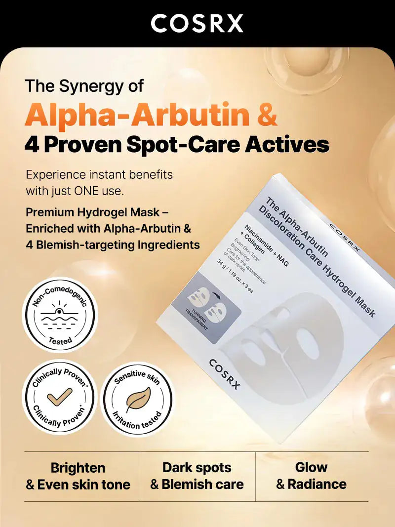 COSRX hydrogelmasker met Alpha-Arbutin, verpakking met maskervorm
