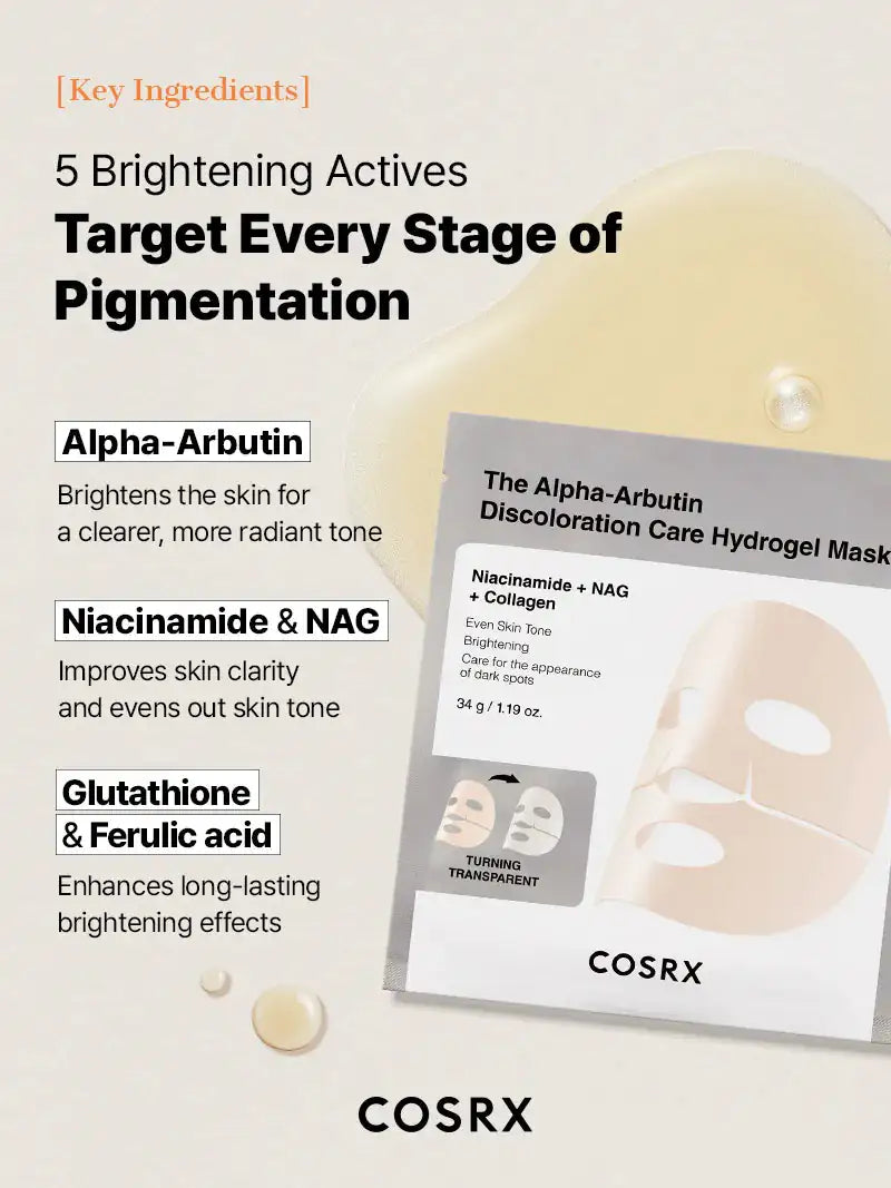 COSRX hydrogelmasker met Alpha-Arbutin, niacinamide en collageen in verpakking