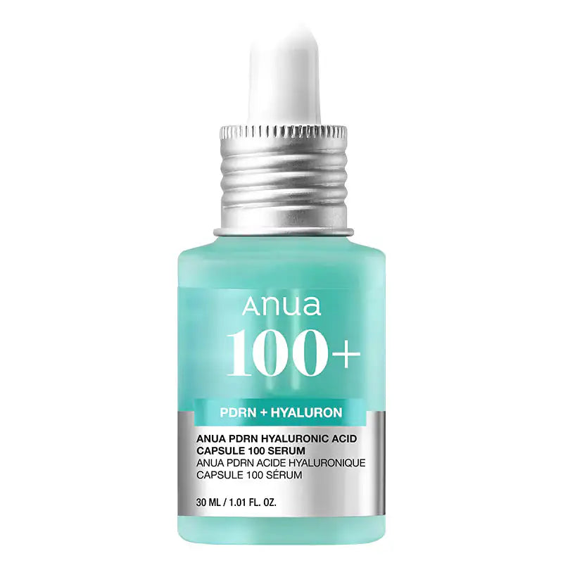 Anua PDRN Hyaluronic Acid Capsule 100 Serum Turquoise hyaluronzuur serumflesje met zilveren dop, Anua 100+.