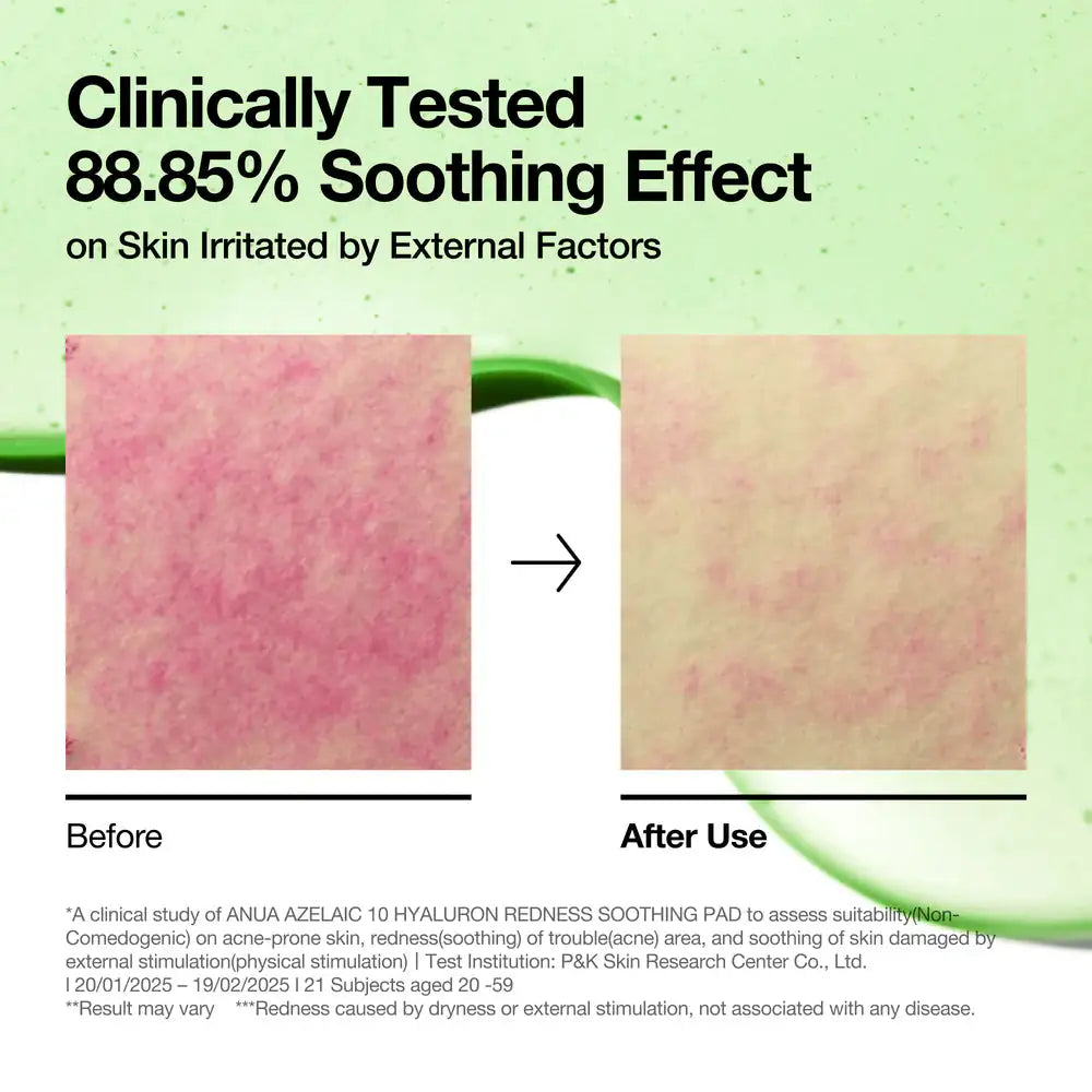 Anua Azelaic 10 Hyaluron Redness Soothing Pad Vergelijking van huidvlekken voor en na, met rode plekken en rustiger huid