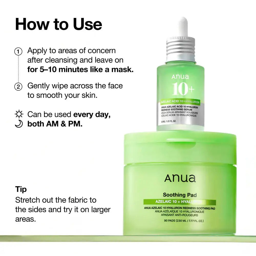 Anua Azelaic 10 Hyaluron Redness Soothing Pad Anua soothing pad potje met opgestapelde groene verpakking en klein flesje
