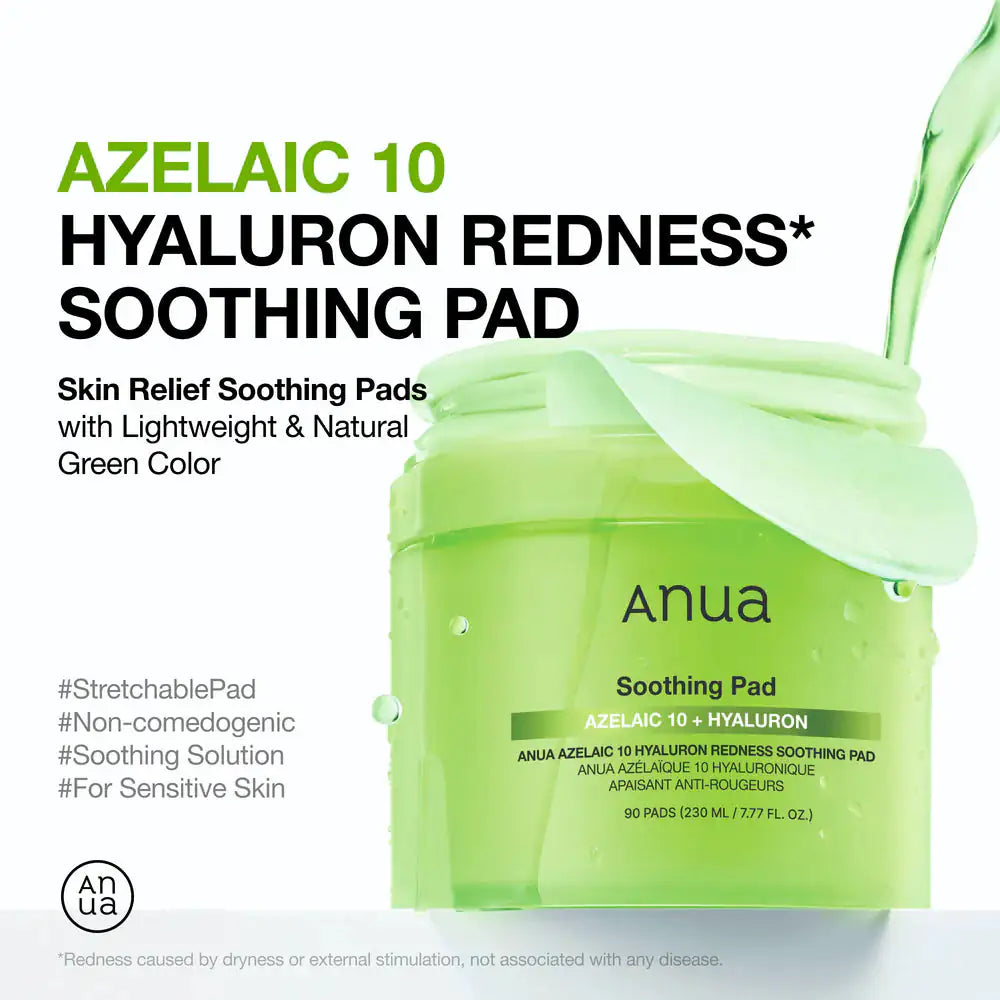 Anua Azelaic 10 Hyaluron Redness Soothing Pad Anua soothing pad potje met overhangend groen doekje bovenop