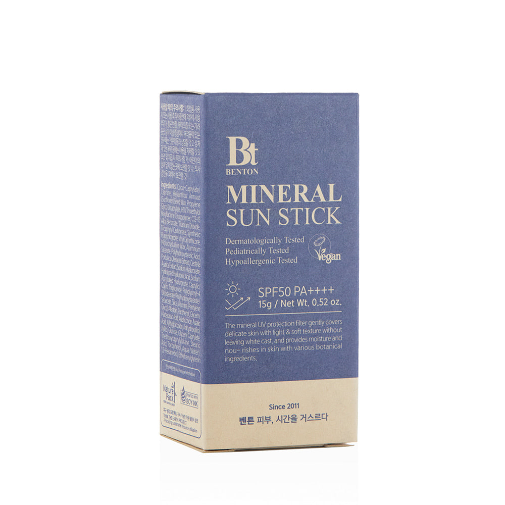 Verpakking van de BENTON Mineral Sun Stick SPF50 PA++++ – close-up schuin van voren
