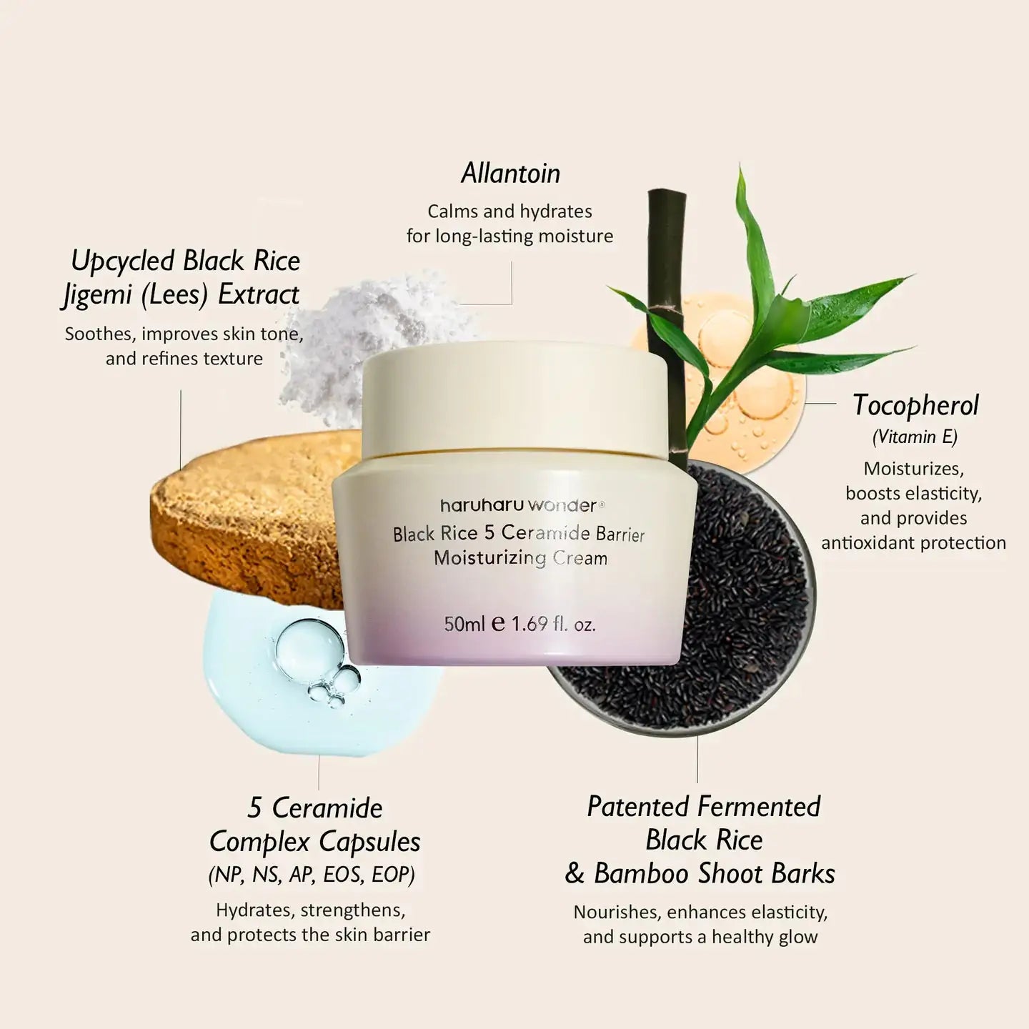 Haruharu WONDER Black Rice 5 Ceramide Barrier Moisturizing Cream Gezichtscrème in ronde pot met gouden rand en 'Black Rice 5 Ceramide Barrier'.
