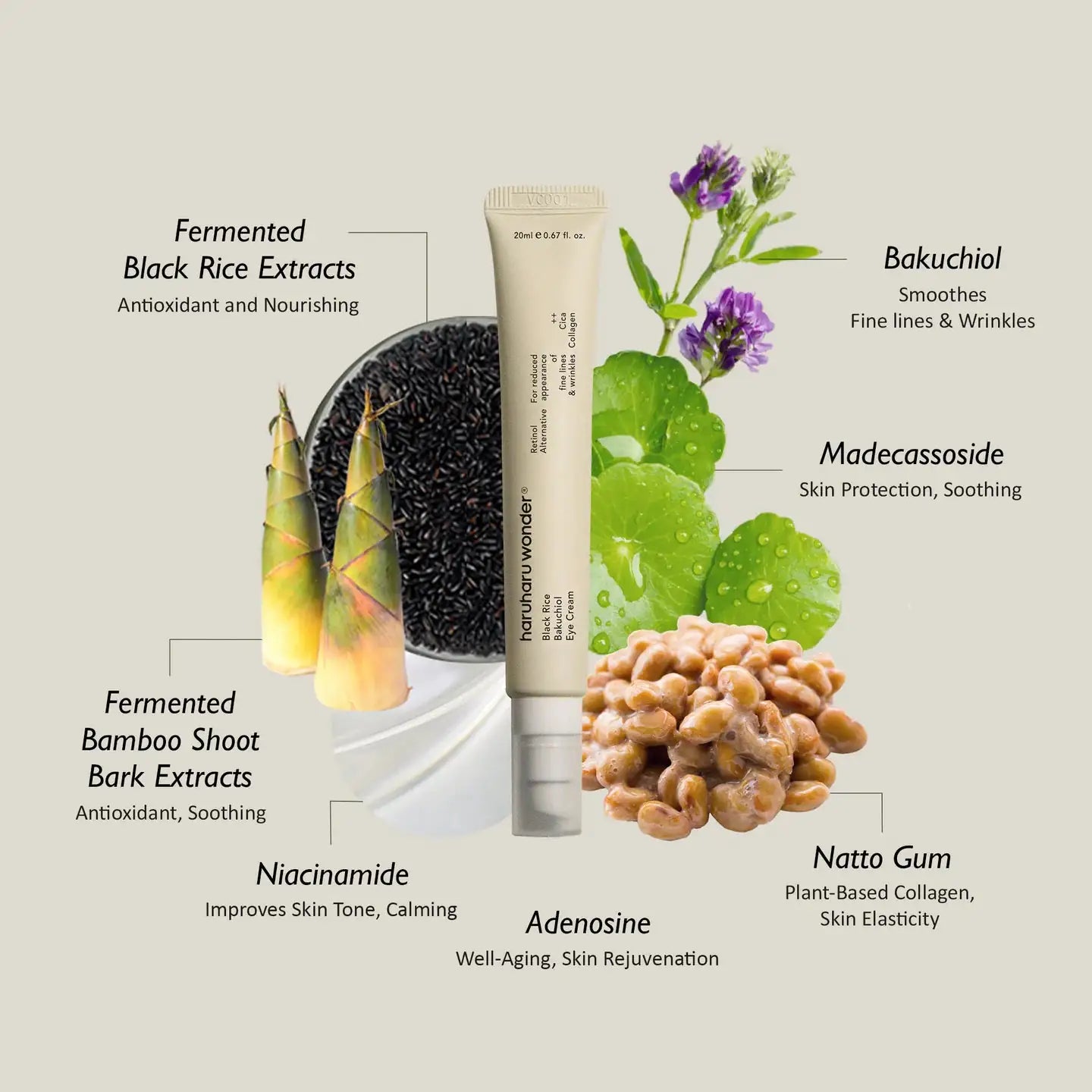 Haruharu WONDER Black Rice Bakuchiol Eye Cream Oogcrème tube met illustraties van ingrediënten