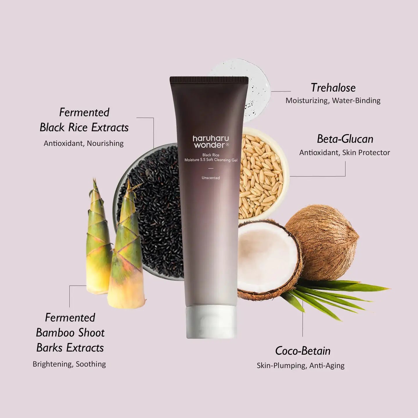 Haruharu WONDER Black Rice Moisture 5.5 Soft Cleansing Gel Haruharu Wonder Black Rice reinigingsgel-tube met ingredientillustraties eromheen