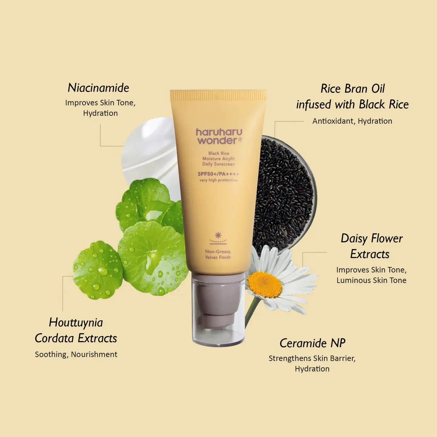 Haruharu WONDER Black Rice Moisture Airyfit Daily Sunscreen Zonnebrandcrème tube haruharu wonder met illustraties van zwarte rijst en planten