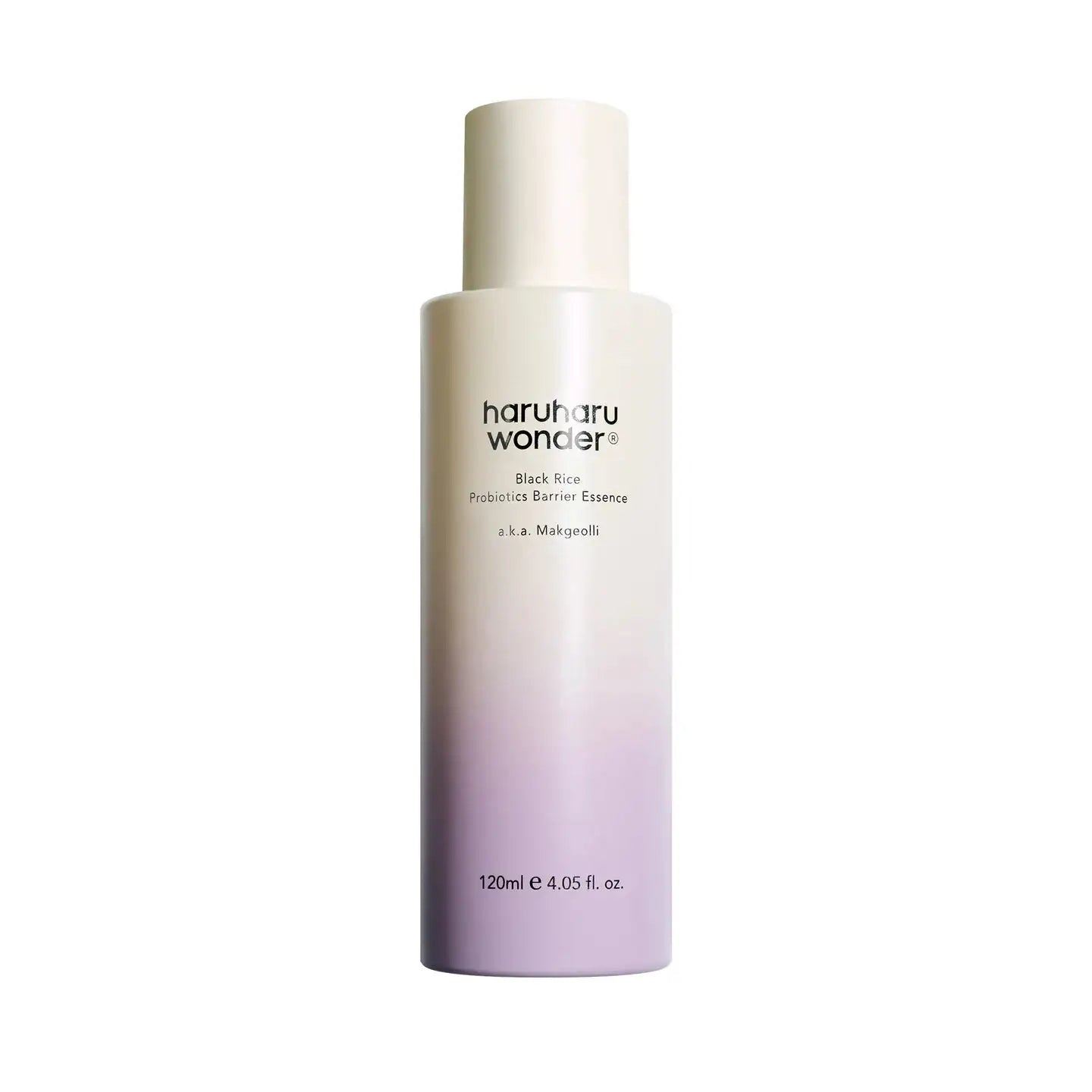 Haruharu WONDER Black Rice Probiotics Barrier Essence Essentieflacon met witte dop; licht crème en vaalpaars flesje haruharu wonder