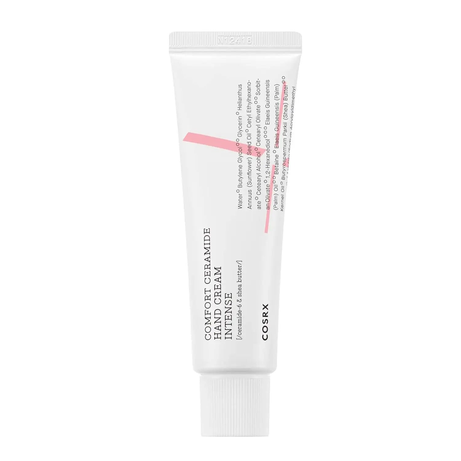 Balancium ceramide handcrème in witte tube met roze band, dop bovenaan