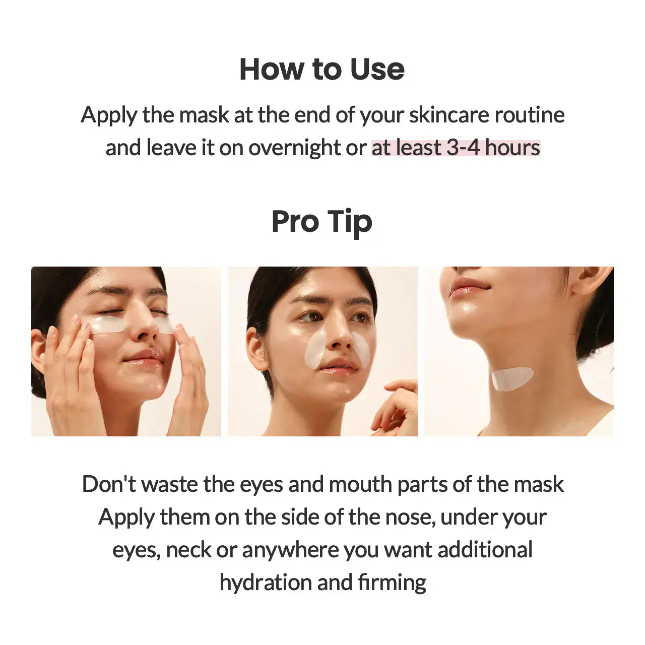Gebruiksinstructies: sheetmasker aanbrengen en 3-4 uur of ’s nachts laten zitten