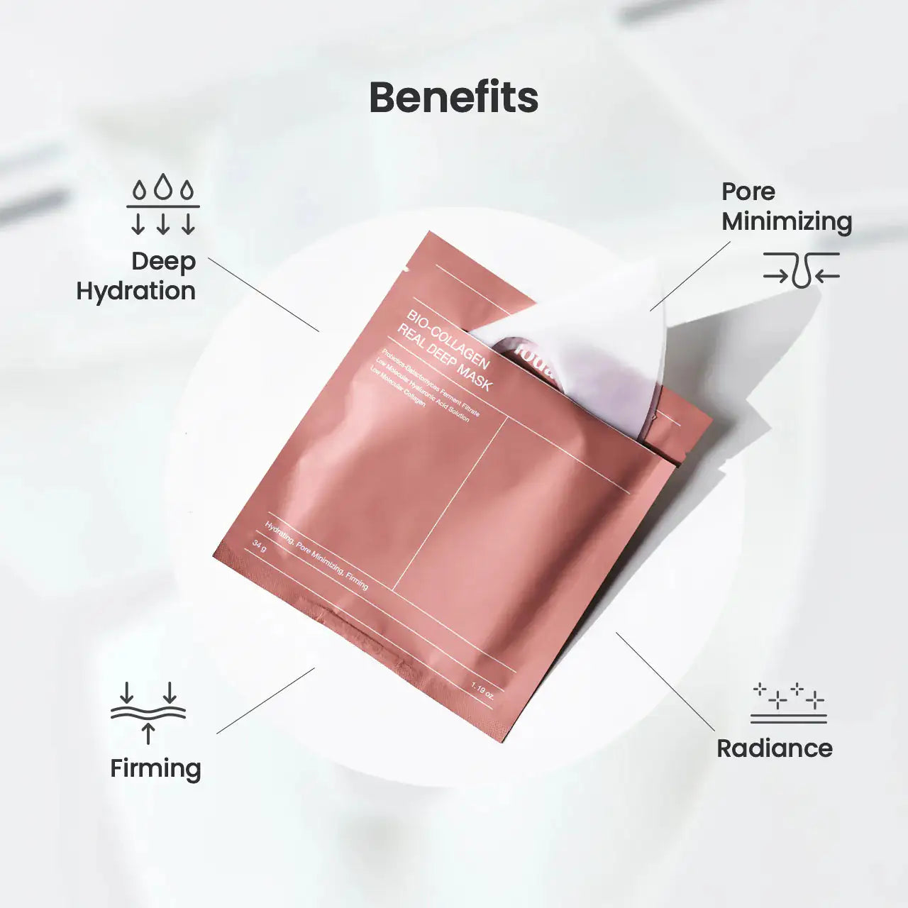 Roze sheetmasker verpakking met indicaties voor diepe hydratatie en radiance