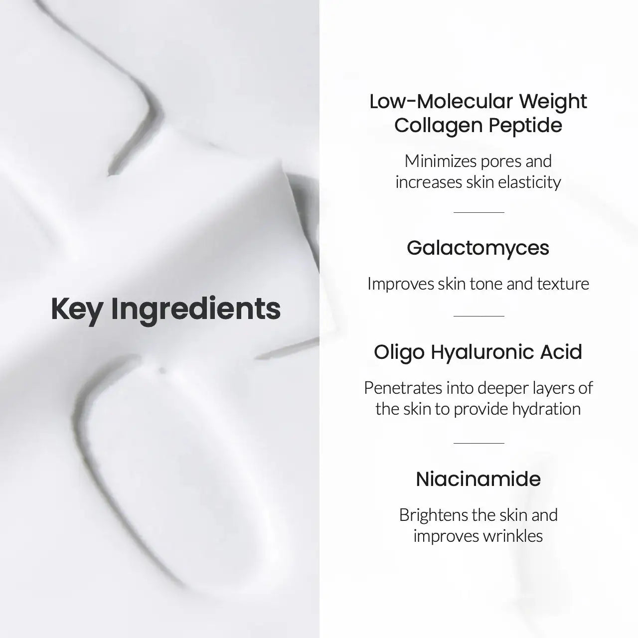 Collageenmasker ingrediënten: collageenpeptide, hyaluronzuur en niacinamide